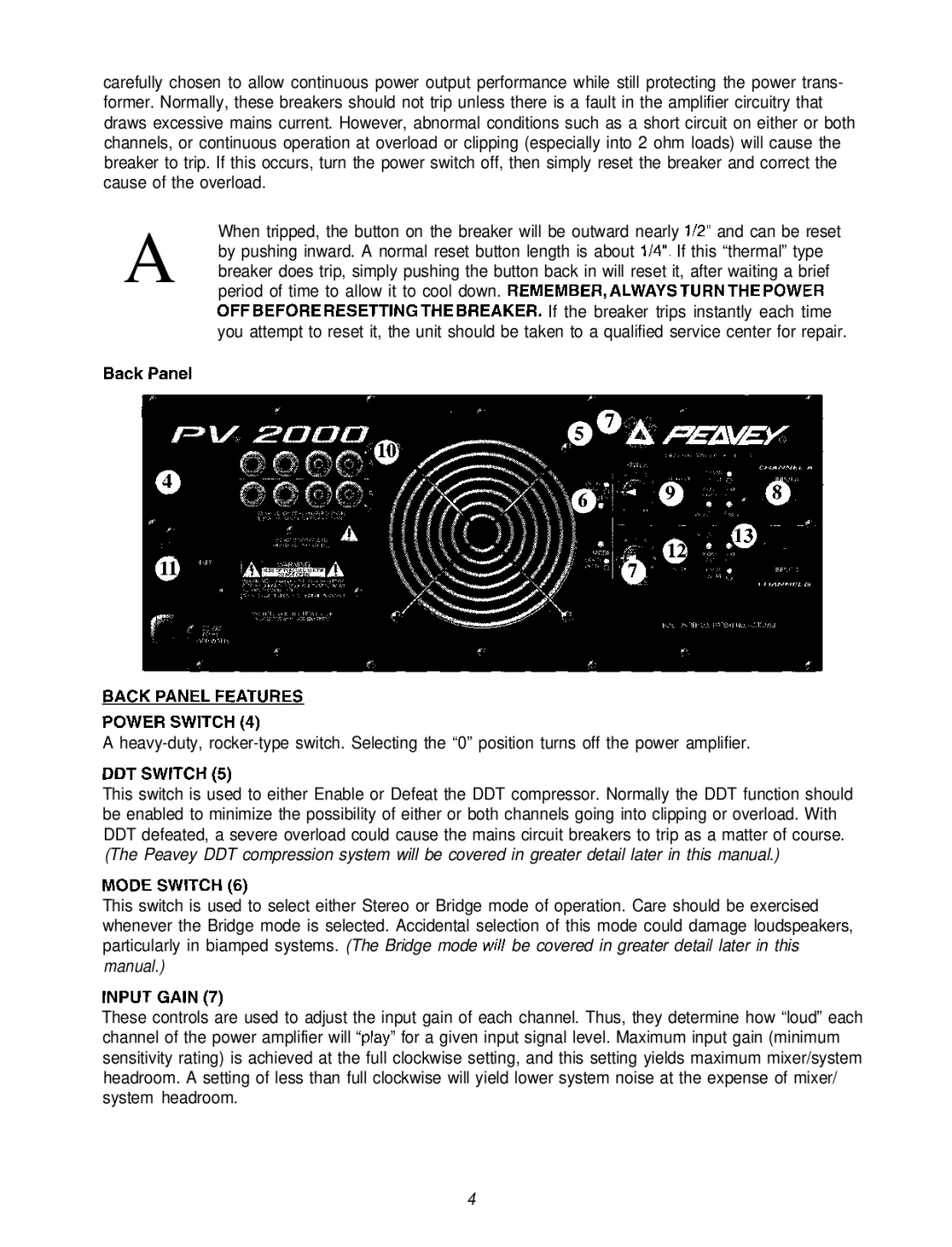 Peavey PV 2000 manual Back Panel Features Power Switch, DDT Switch, Mode Switch, Input Gain 