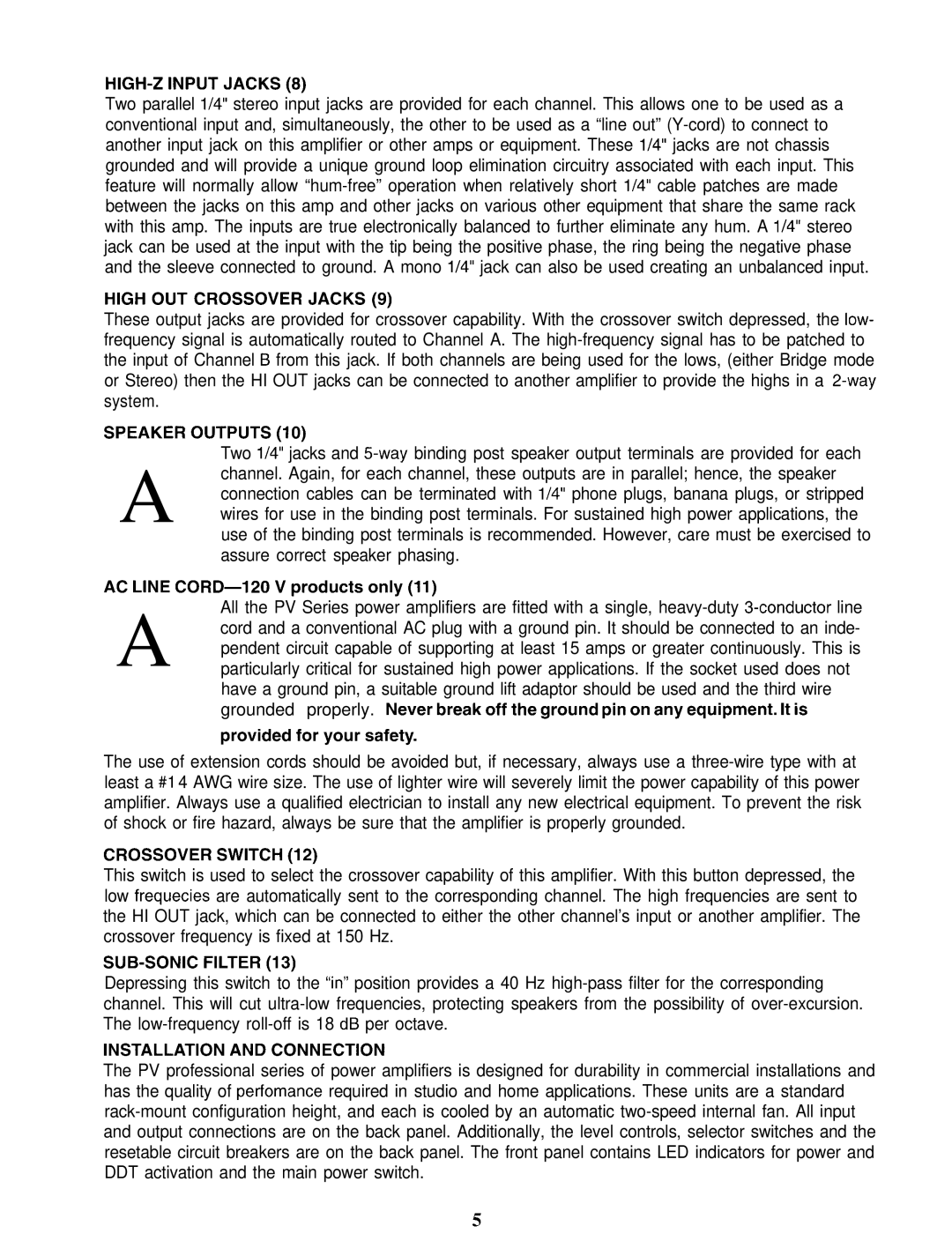 Peavey PV 2000 manual HIGH-Z Input Jacks, High OUT Crossover Jacks, Speaker Outputs, Crossover Switch, SUB-SONIC Filter 