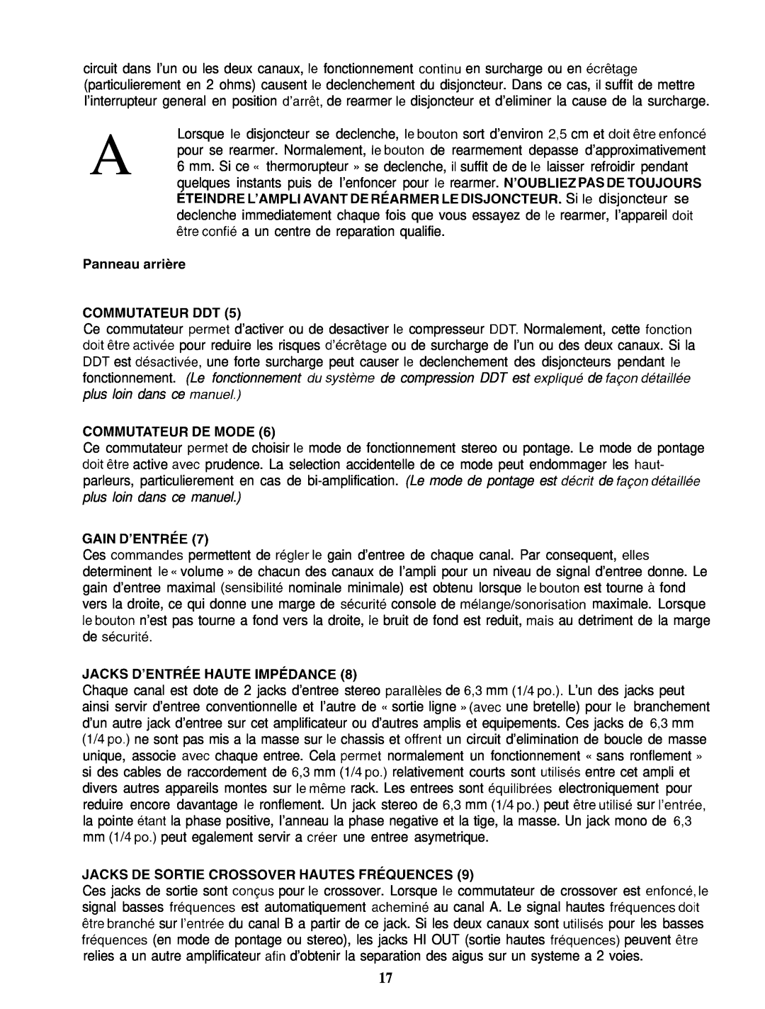 Peavey PV 2000 manual Panneau arrikre COMMUTATEUR DDT, Commutateur De Mode, Gain D’Entree, Jacks D’Entree Haute Impcdance 