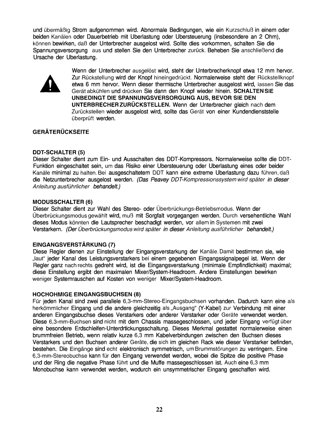 Peavey PV 2000 manual GERliTERiiCKSElTE DDT-SCHALTER5, Modusschalter, EINGANGSVERSTiiRKUNG, Hochohmige Eingangsbuchsen 