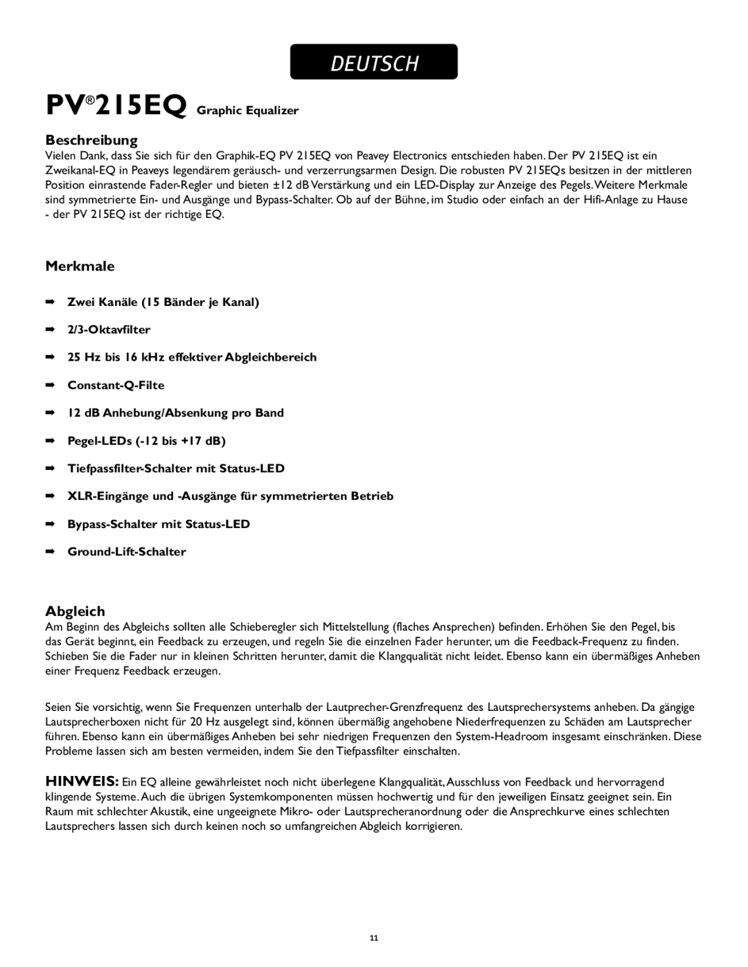 Peavey PV 215 EQ manual Deutsch, Beschreibung, Merkmale, Abgleich 