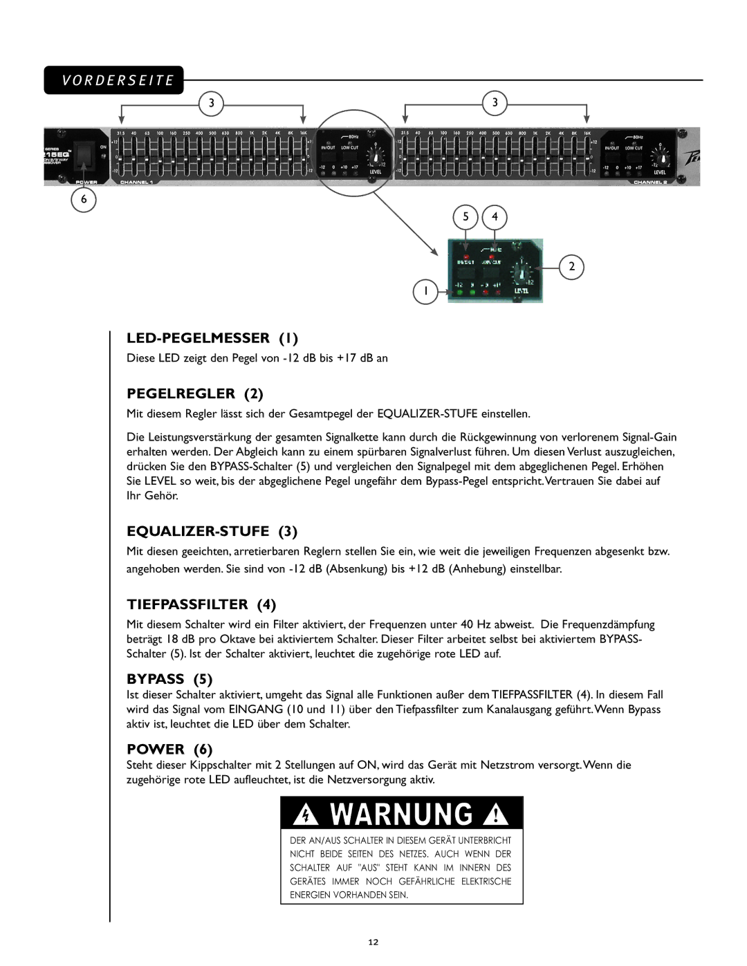 Peavey PV 215 EQ manual Led-Pegelmesser, Pegelregler, Equalizer-Stufe, Tiefpassfilter 