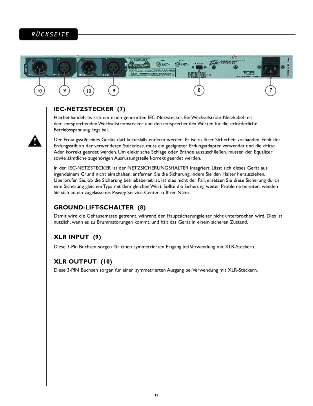 Peavey PV 215 EQ manual Iec-Netzstecker, Ground-Lift-Schalter 