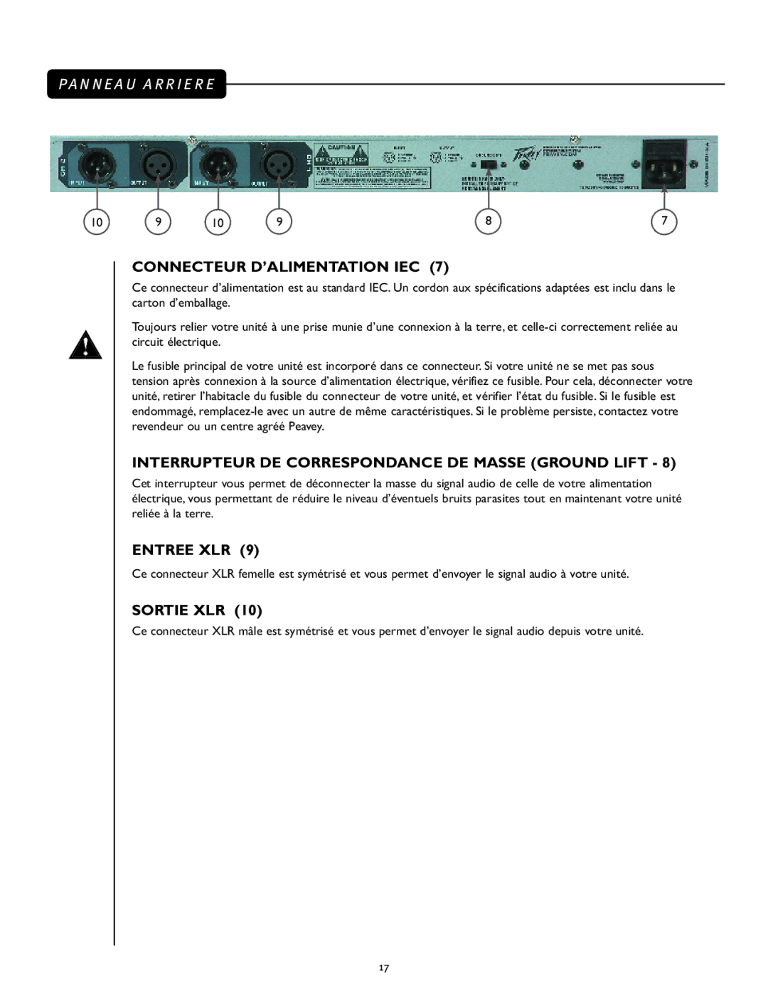 Peavey PV 215 EQ manual Connecteur D’ALIMENTATION IEC, Interrupteur DE Correspondance DE Masse Ground Lift, Entree XLR 