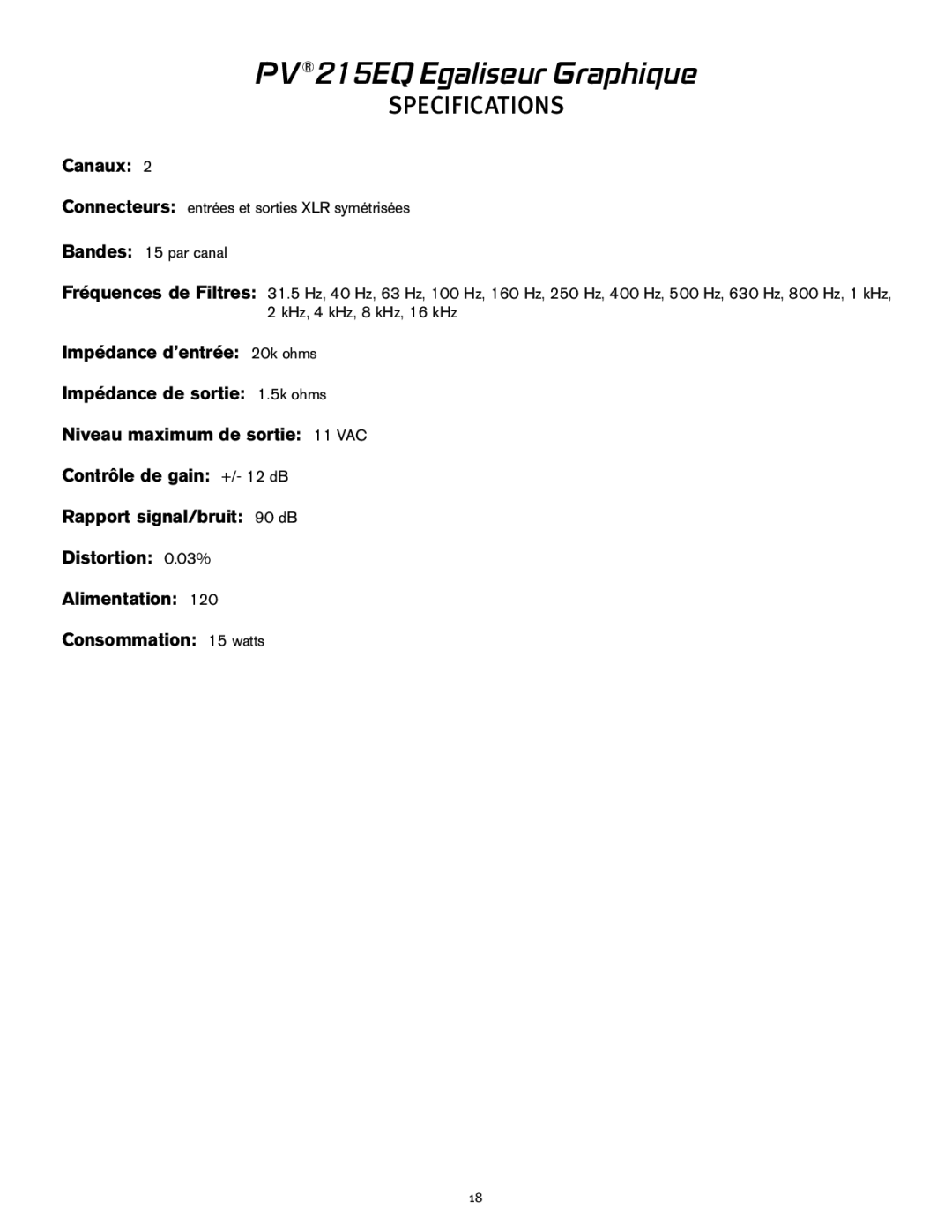 Peavey PV 215 EQ manual PV215EQ Egaliseur Graphique, Canaux 