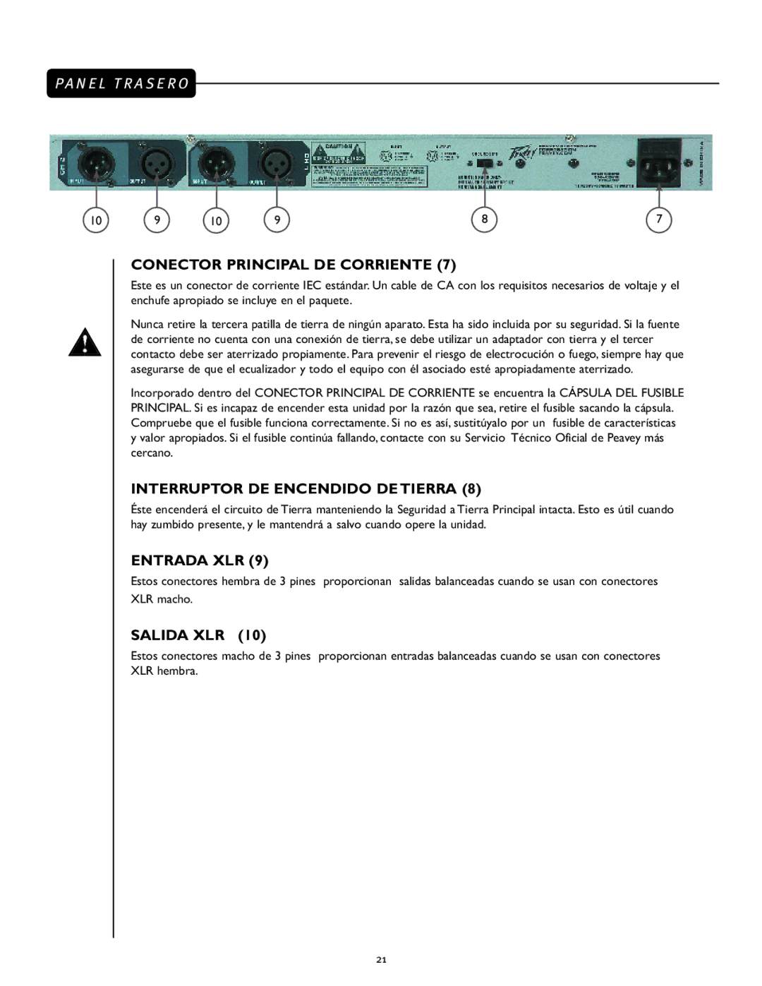 Peavey PV 215 EQ manual Conector Principal DE Corriente, Interruptor DE Encendido DE Tierra, Entrada XLR, Salida XLR 