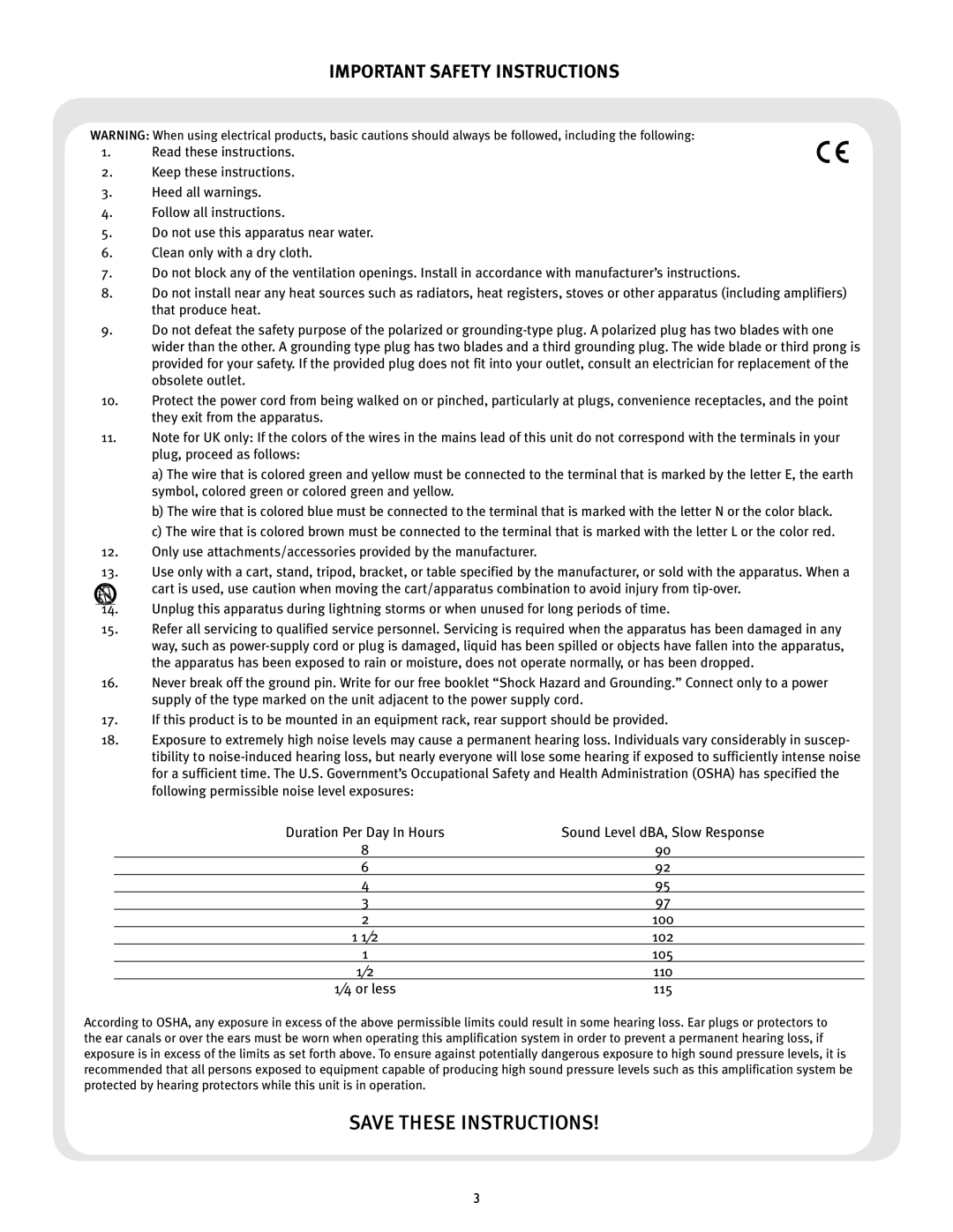 Peavey PV 215 EQ manual Important Safety Instructions, Sound Level dBA, Slow Response 