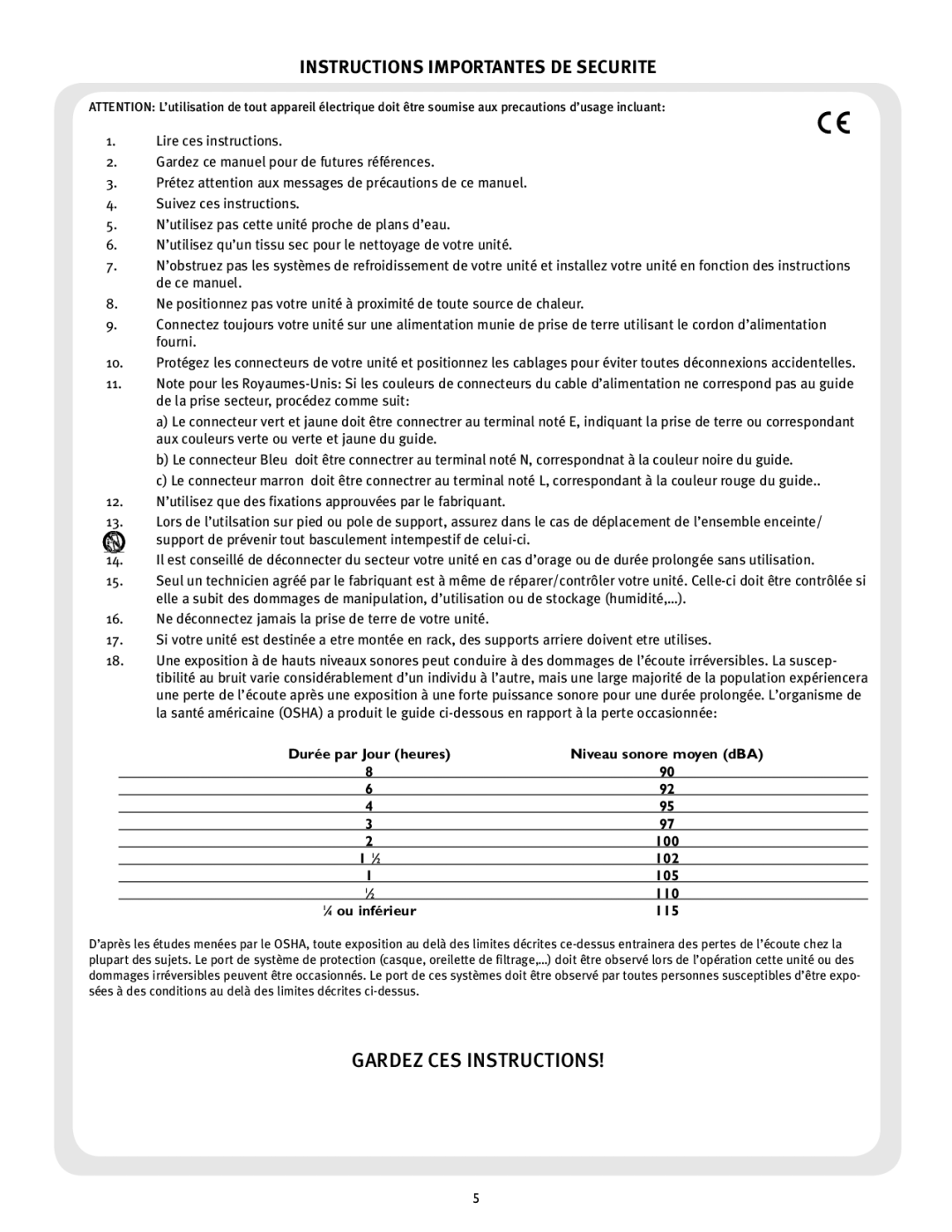 Peavey PV 215 EQ manual Gardez CES Instructions, Instructions Importantes DE Securite 