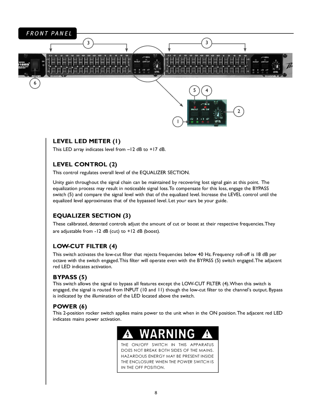 Peavey PV 215 EQ manual Level LED Meter, Level Control, Equalizer Section, LOW-CUT Filter, Bypass, Power 