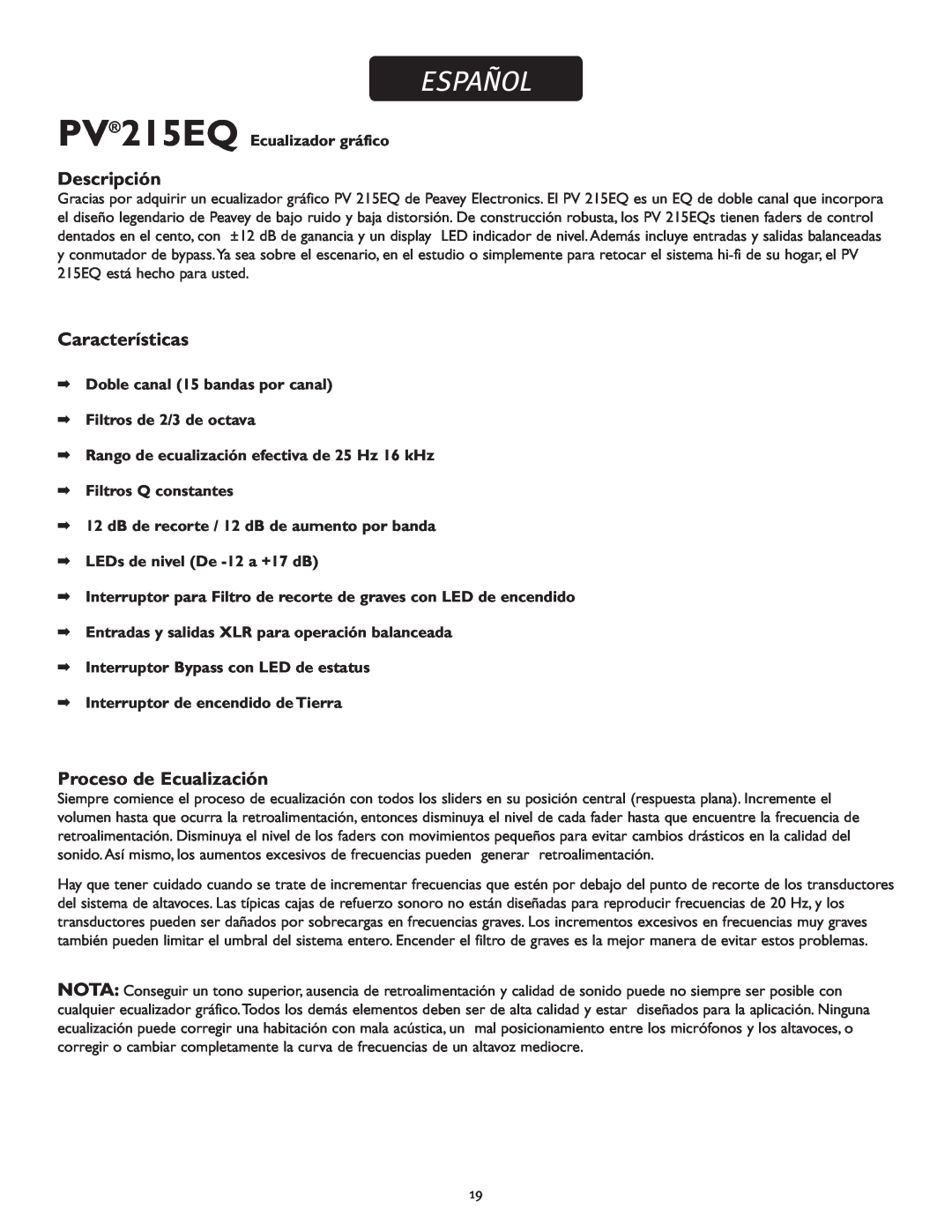 Peavey PV 215 EQ manual Español, Descripción, Características, Proceso de Ecualización 
