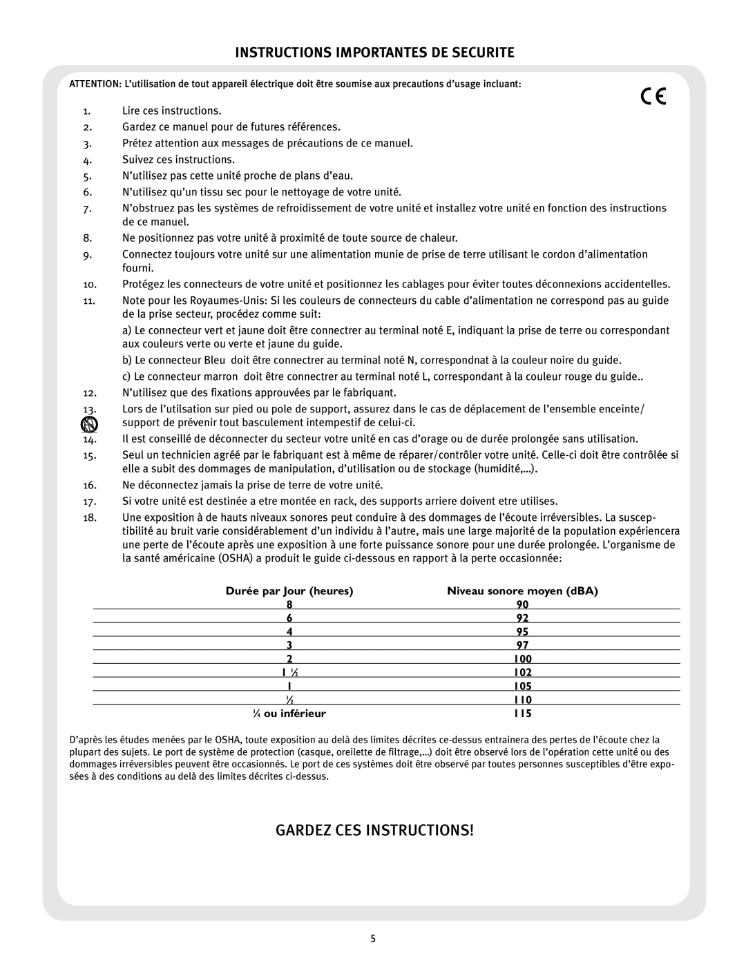 Peavey PV 215 EQ manual Gardez Ces Instructions, Instructions Importantes De Securite 