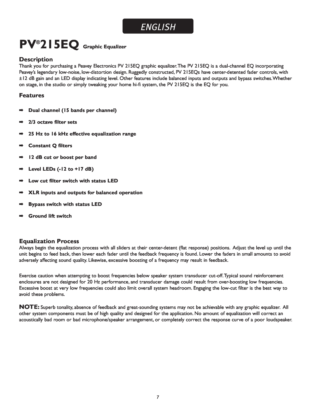 Peavey PV 215 EQ manual English, Description, Features, Equalization Process 