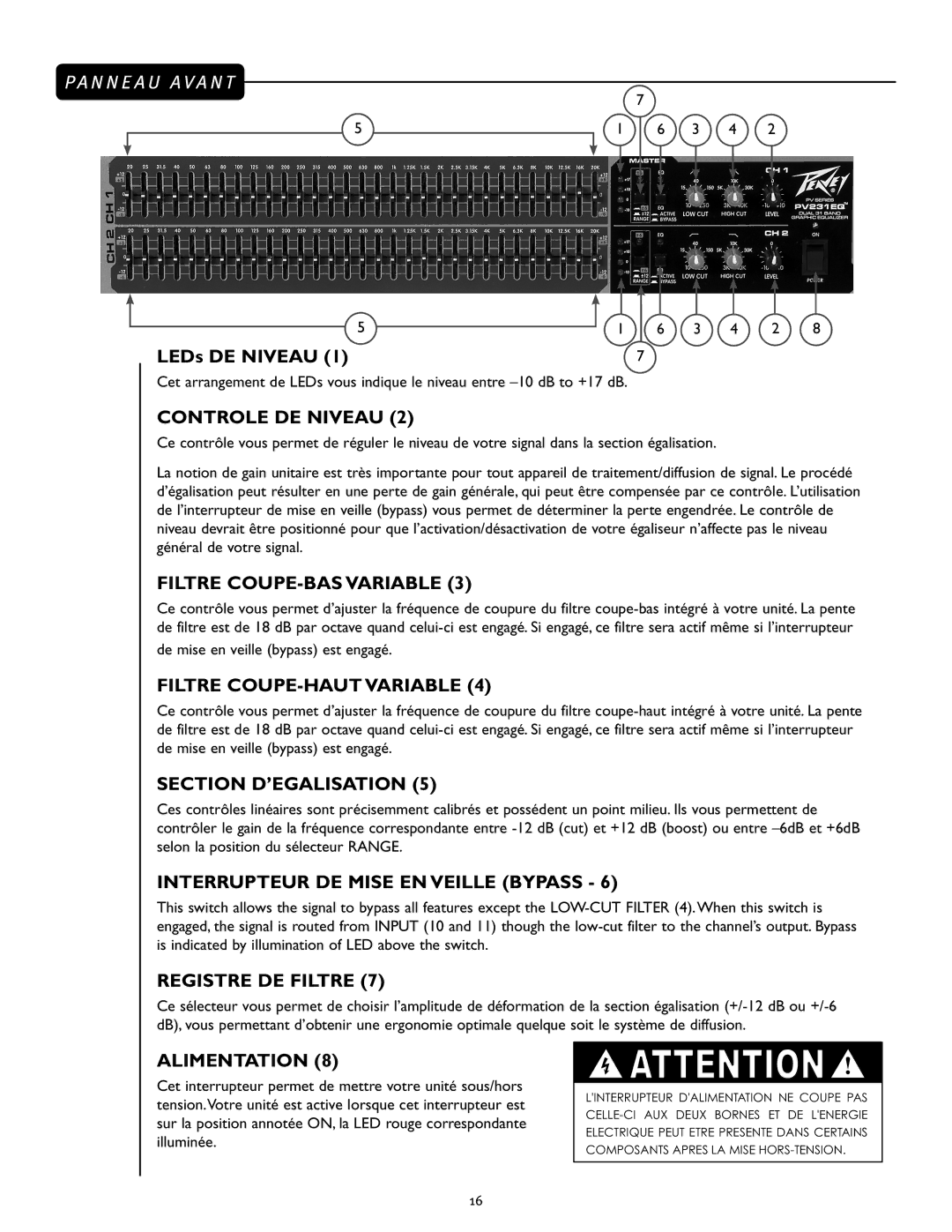 Peavey PV 231EQ manual Controle DE Niveau, Filtre COUPE-BAS Variable, Filtre COUPE-HAUT Variable, Section D’EGALISATION 