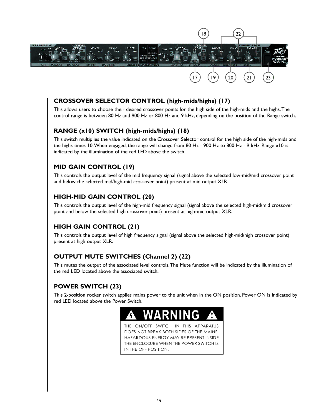 Peavey PV 35XO manual Crossover Selector Control high-mids/highs, Range x10 Switch high-mids/highs, MID Gain Control 