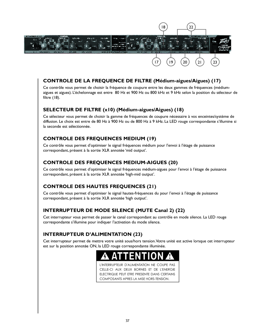 Peavey PV 35XO manual Controle DE LA Frequence DE Filtre Médium-aigues/Aigues, Selecteur DE Filtre x10 Médium-aigues/Aigues 