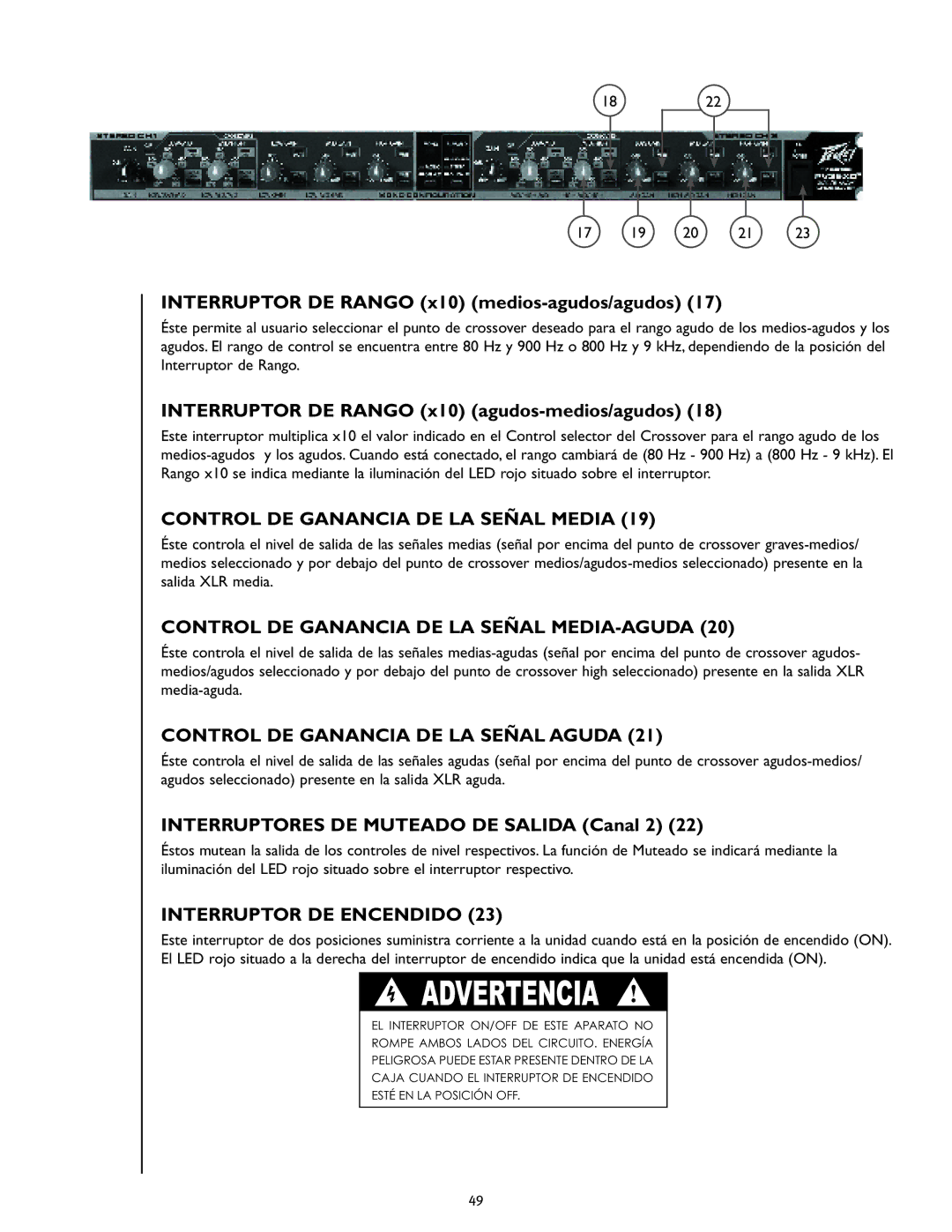 Peavey PV 35XO manual Interruptor DE Rango x10 medios-agudos/agudos, Interruptor DE Rango x10 agudos-medios/agudos 