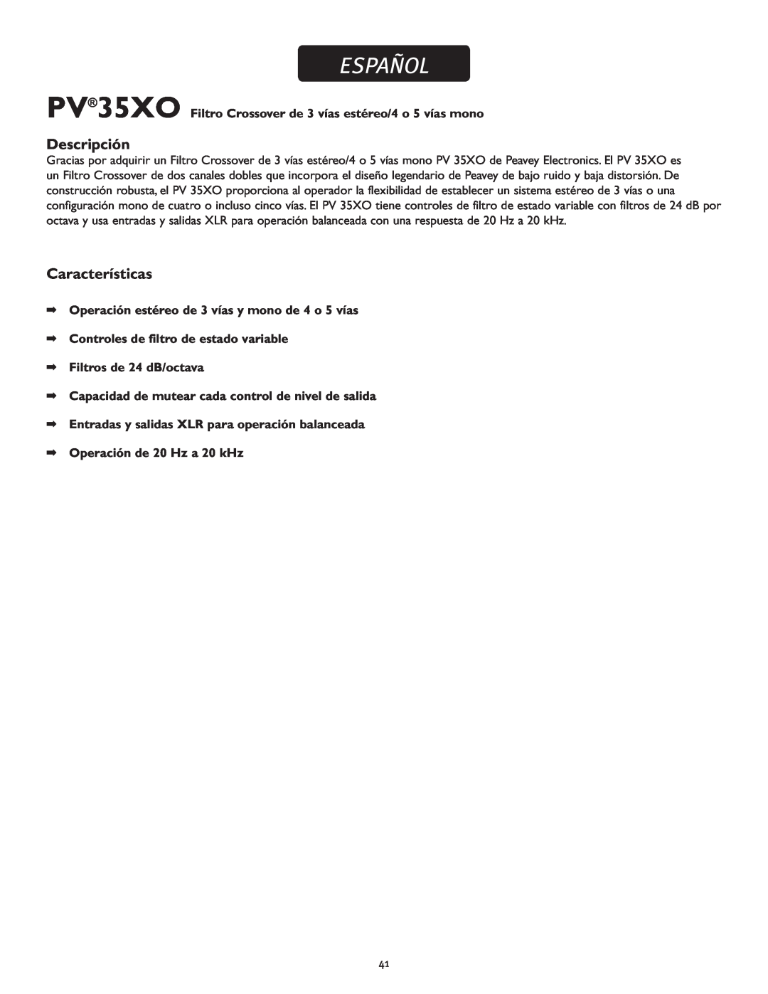 Peavey PV 35XO manual Español, Descripción, Características 