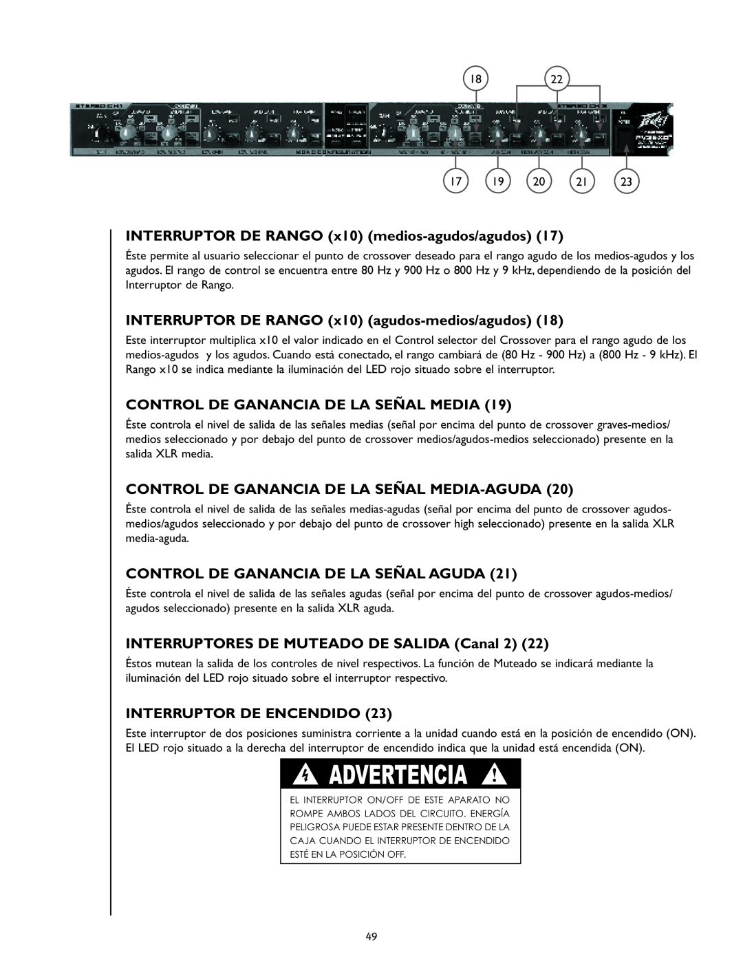 Peavey PV 35XO manual INTERRUPTOR DE RANGO x10 medios-agudos/agudos17, INTERRUPTOR DE RANGO x10 agudos-medios/agudos18 