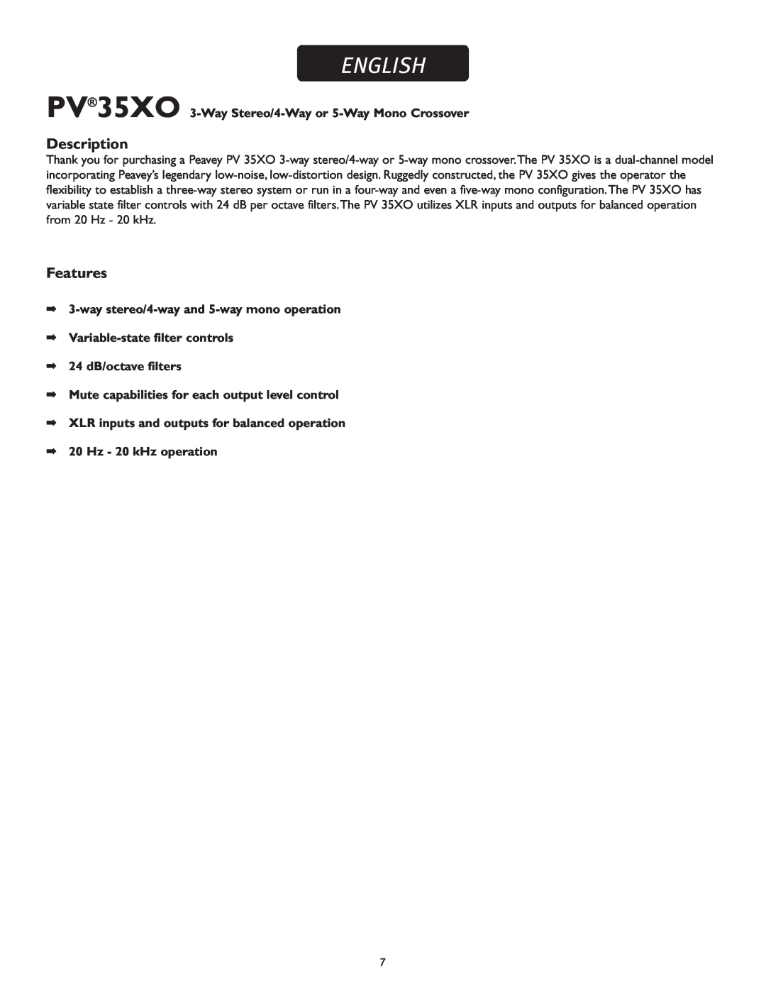 Peavey PV 35XO manual English, Description, Features 