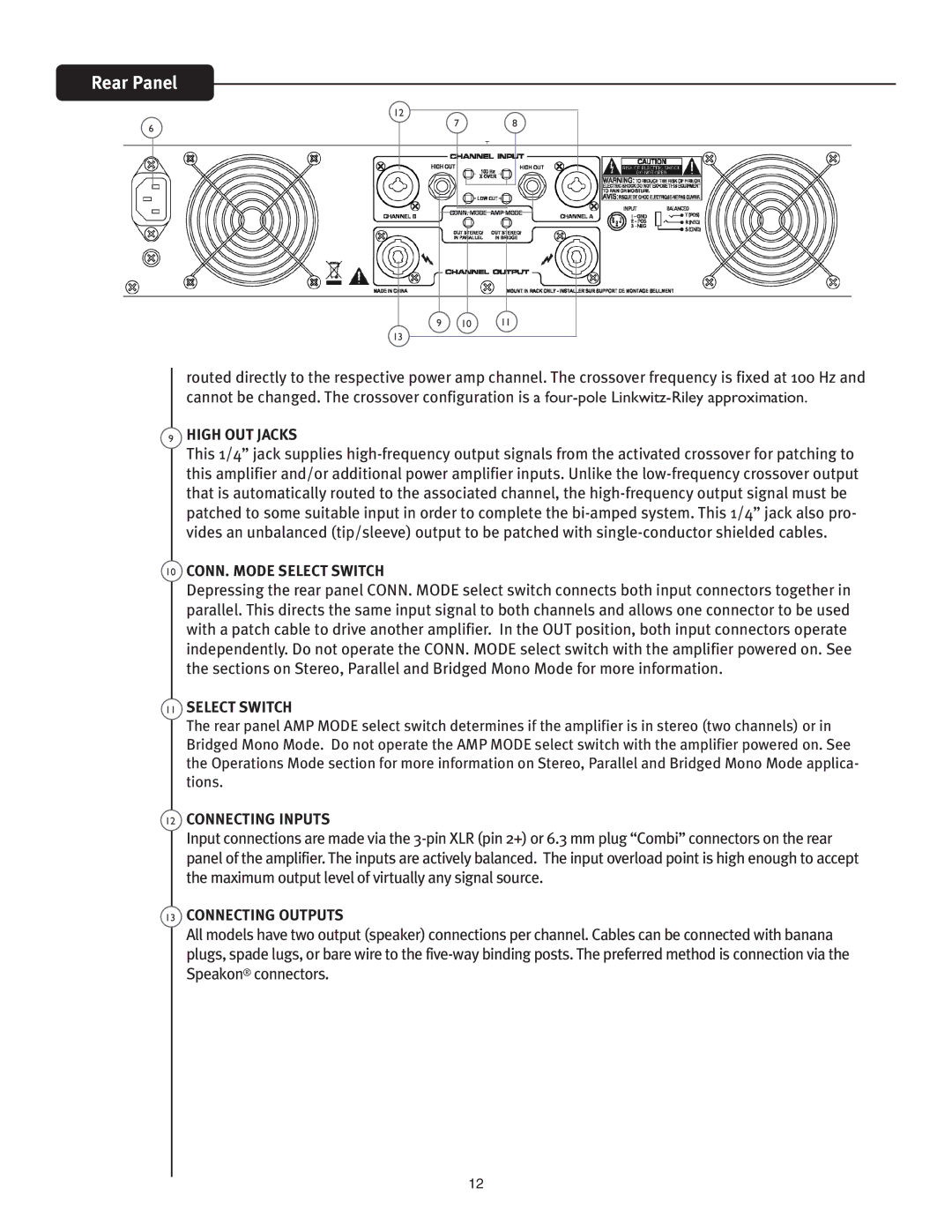 Peavey PV 3800 manual High OUT Jacks, CONN. Mode Select Switch, Connecting Inputs, Connecting Outputs 