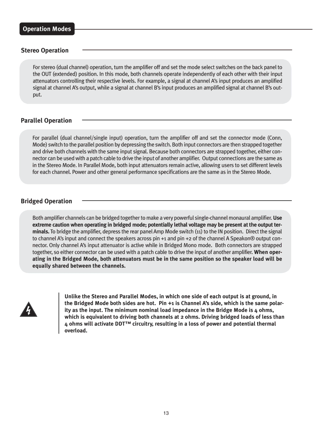 Peavey PV 3800 manual Operation Modes, Stereo Operation, Parallel Operation, Bridged Operation 