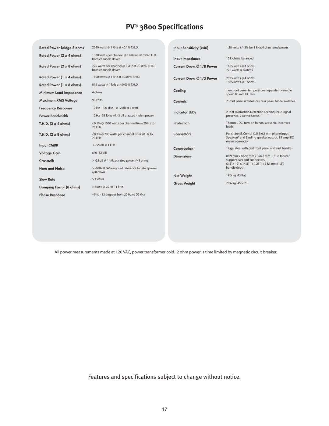 Peavey manual PV 3800 Specifications 