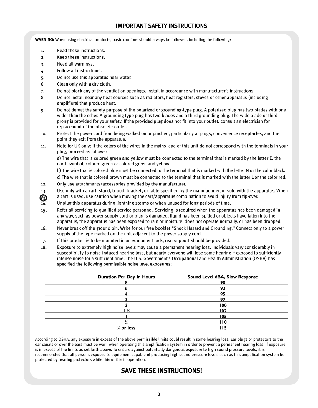 Peavey PV 6 manual Important Safety Instructions 