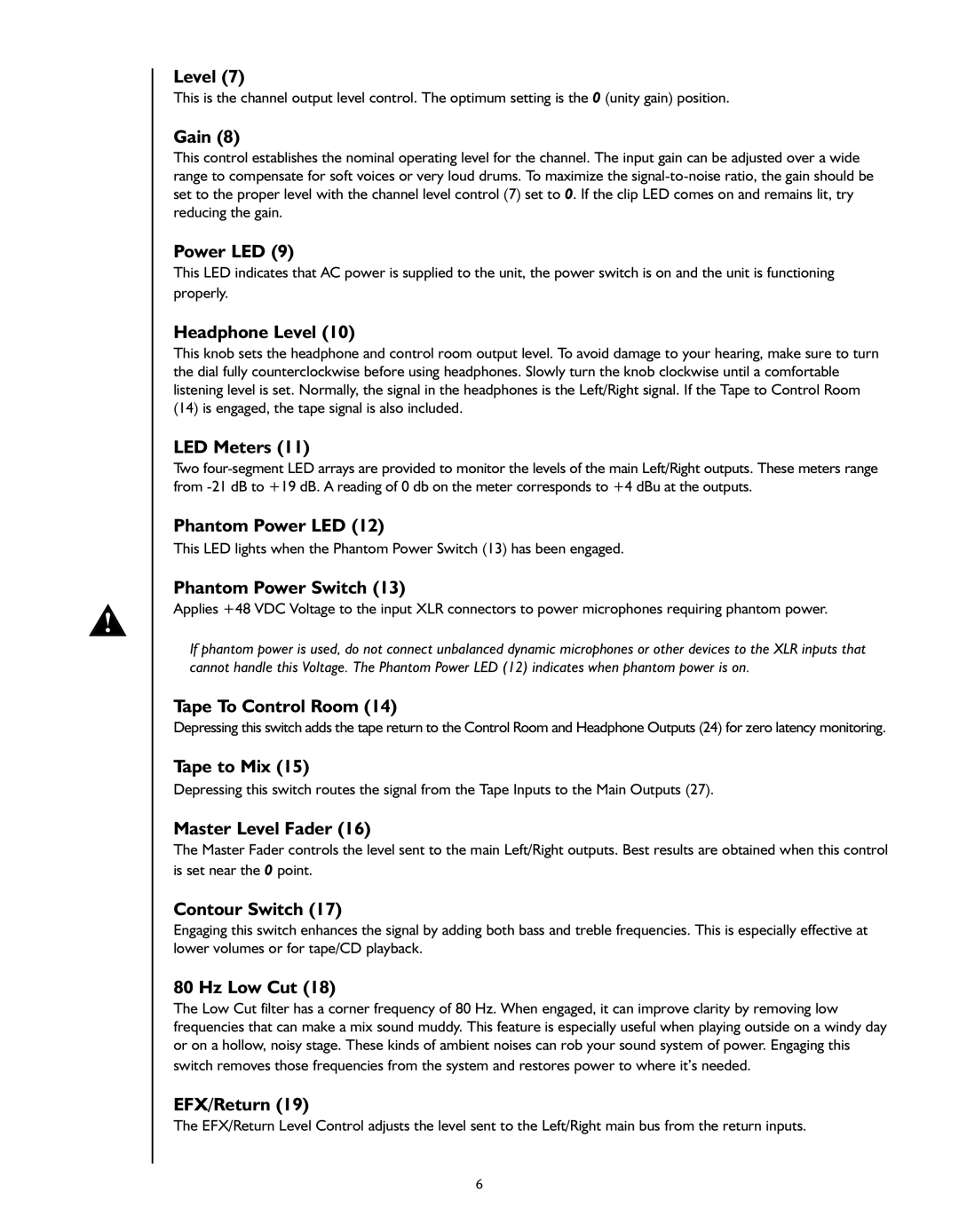 Peavey PV 6 manual Gain, Headphone Level, LED Meters, Phantom Power LED, Phantom Power Switch, Tape To Control Room 