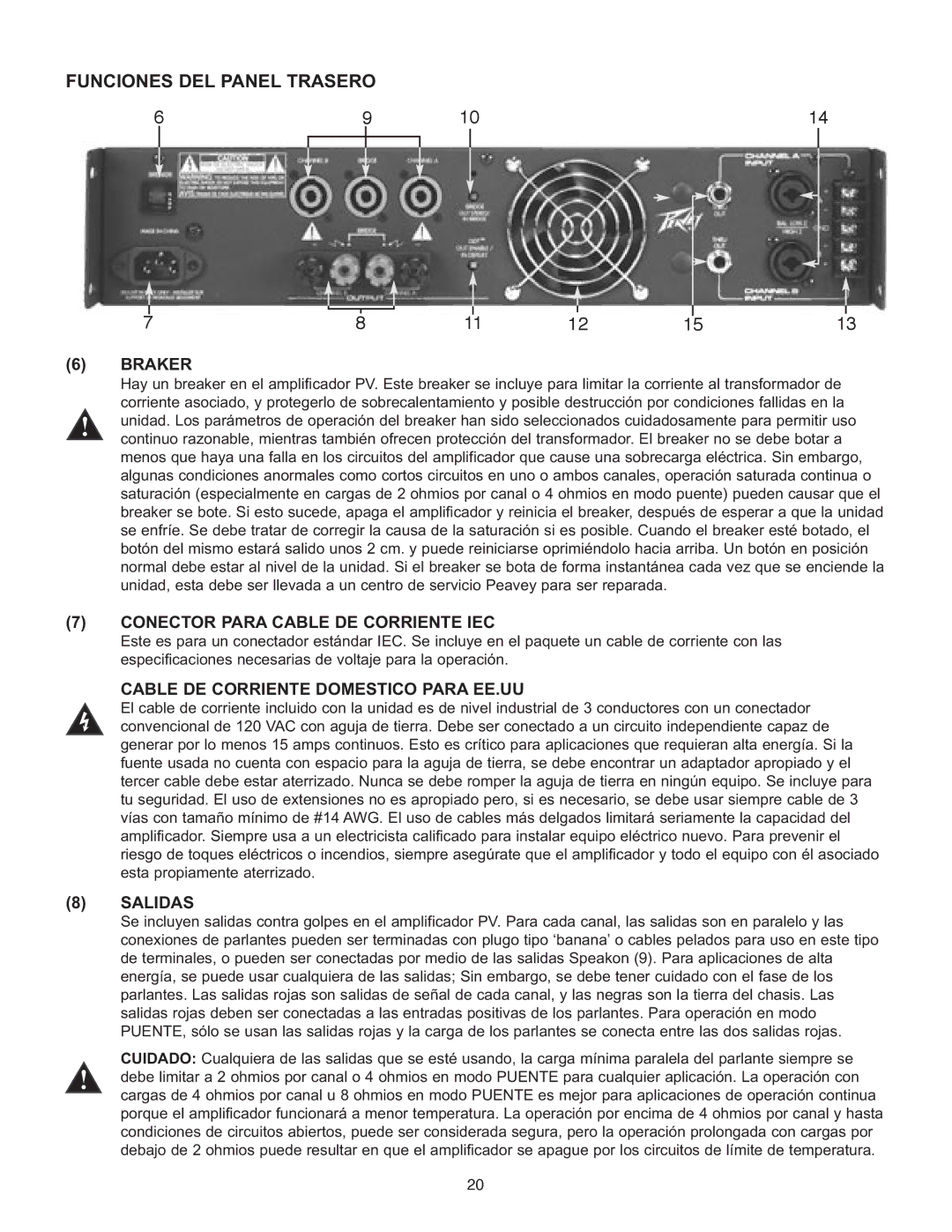 Peavey PV 1500, PV 900, PV 2600 manual Funciones DEL Panel Trasero, Braker, Conector Para Cable DE Corriente IEC, Salidas 