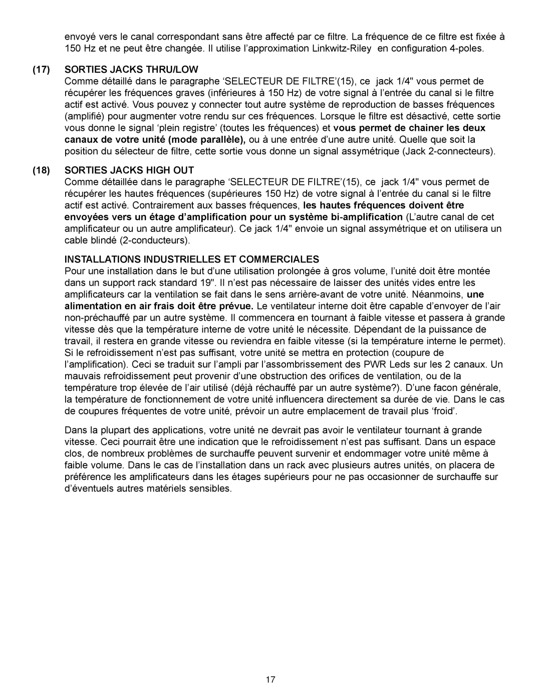 Peavey PV Series manual Sorties Jacks THRU/LOW, Sorties Jacks High OUT, Installations Industrielles ET Commerciales 