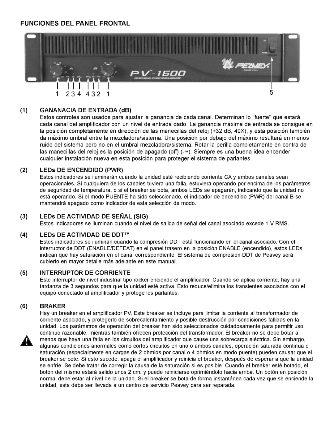 Peavey PV Series manual Funciones DEL Panel Frontal, Interruptor DE Corriente, Braker 