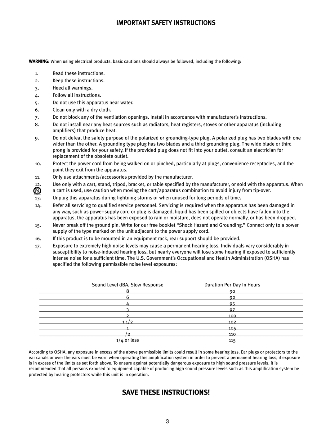 Peavey PV Series manual Important Safety Instructions 