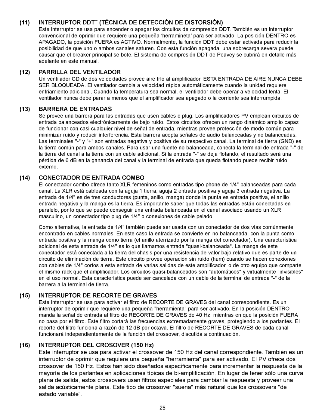 Peavey PV Series manual 12PARRILLA DEL VENTILADOR, 13BARRERA DE ENTRADAS, 14CONECTADOR DE ENTRADA COMBO 