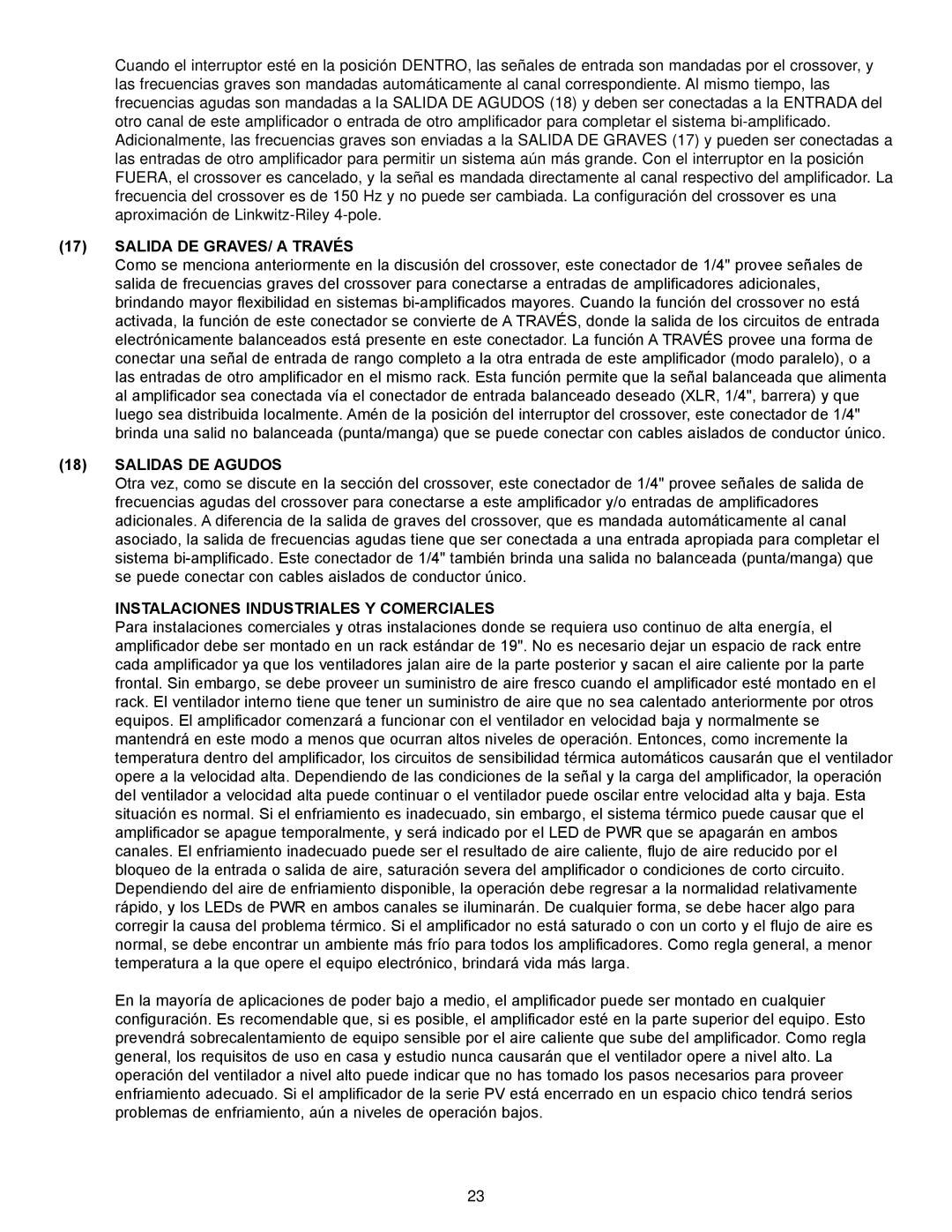 Peavey PV Series manual 17SALIDA DE GRAVES/ A TRAVÉS, 18SALIDAS DE AGUDOS, Instalaciones Industriales Y Comerciales 