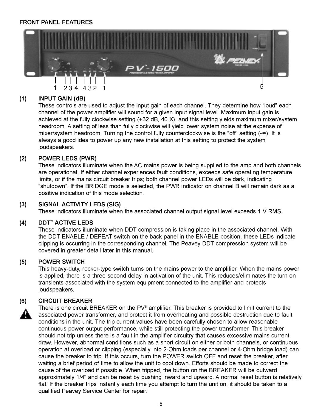 Peavey PV Series manual Front Panel Features, 1INPUT GAIN dB, 2POWER LEDS PWR, 3SIGNAL ACTIVITY LEDS SIG, 4DDT ACTIVE LEDS 