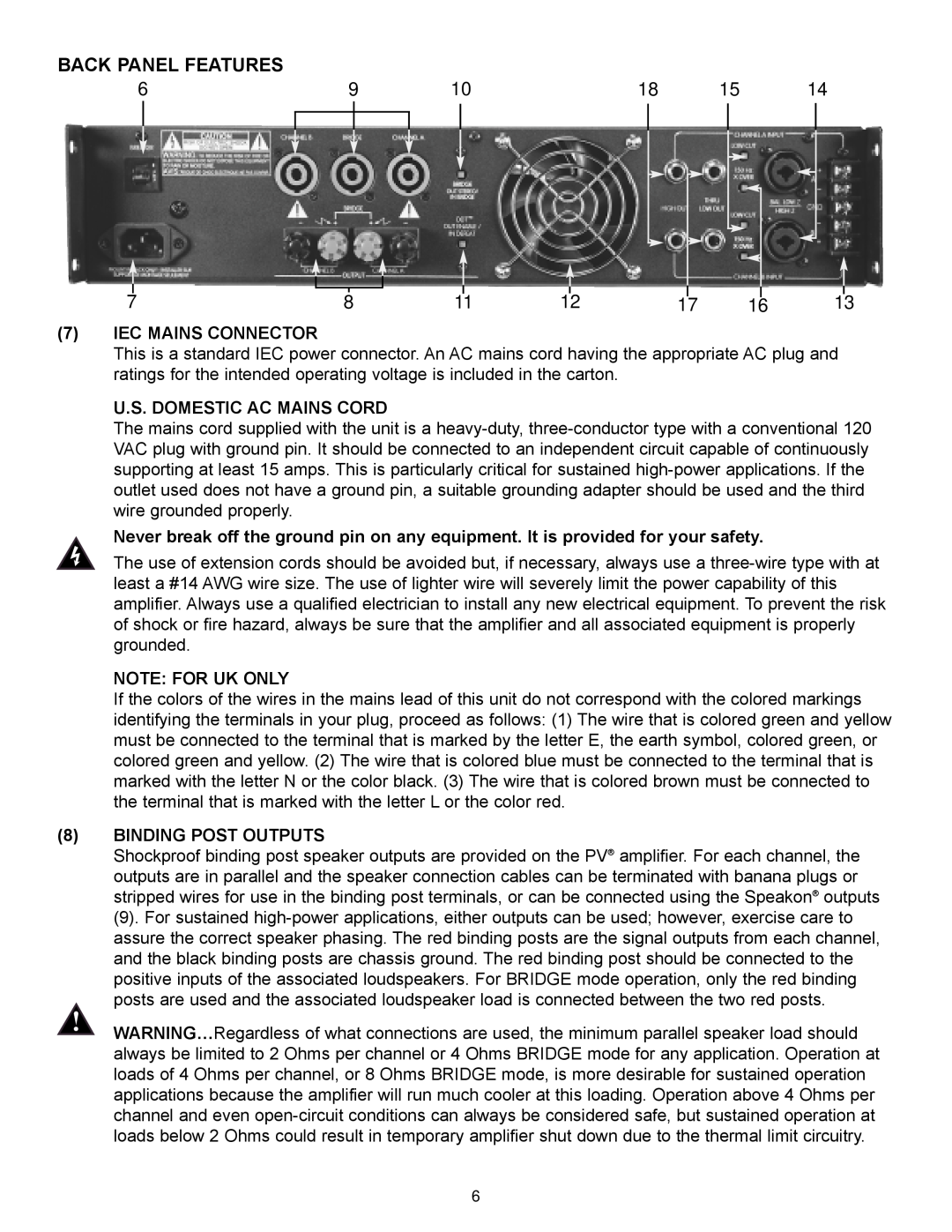 Peavey PV Series manual Back Panel Features, 7IEC MAINS CONNECTOR, U.S. Domestic Ac Mains Cord, Note: For Uk Only 