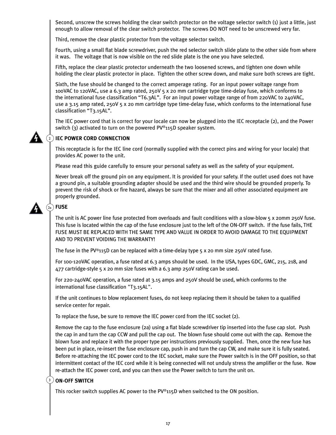 Peavey PV115D manual IEC Power Cord Connection, 2a Fuse, ON-OFF Switch 
