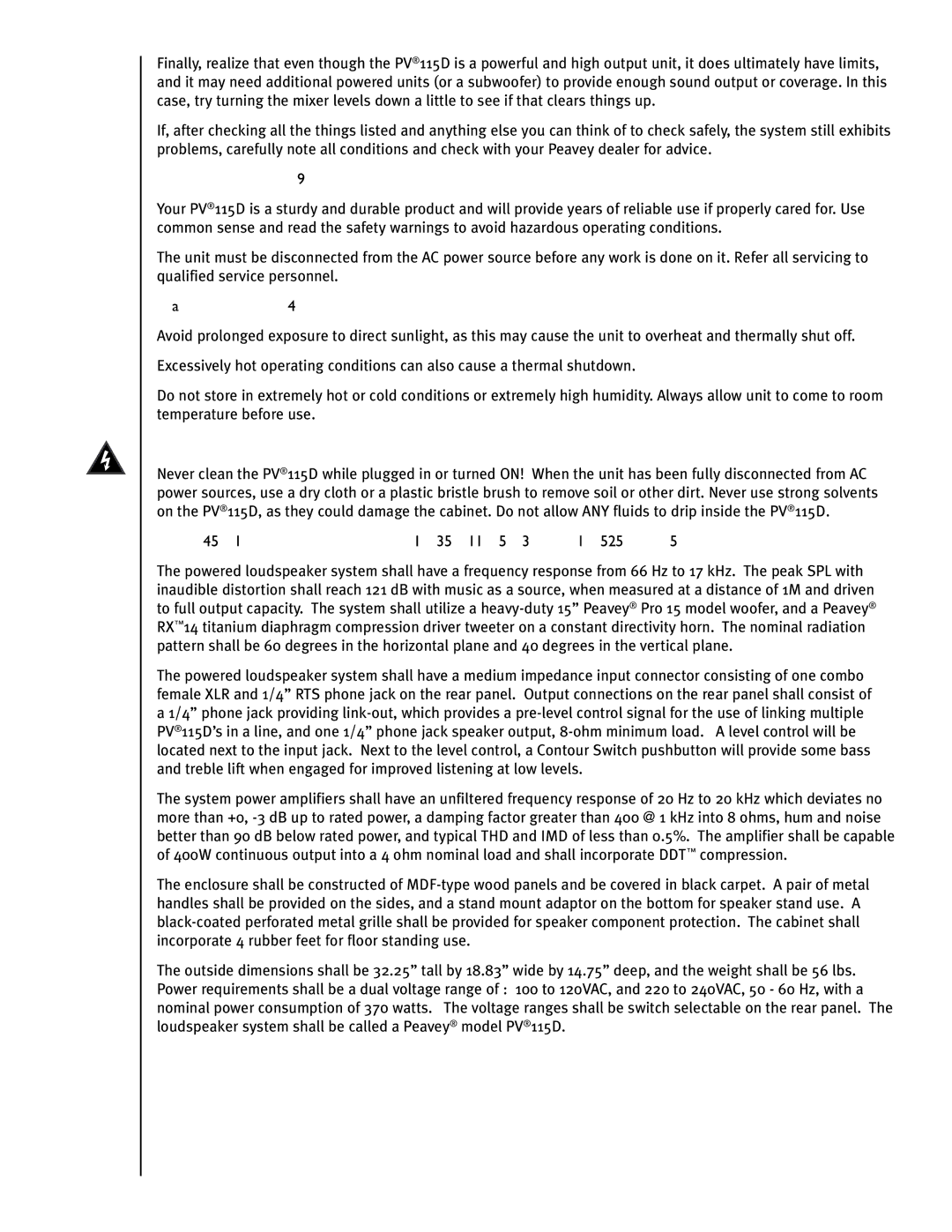 Peavey PV115D manual Care and Maintenance, Sunlight/Heat, Cleaning, Architectural and Engineering Specifications 