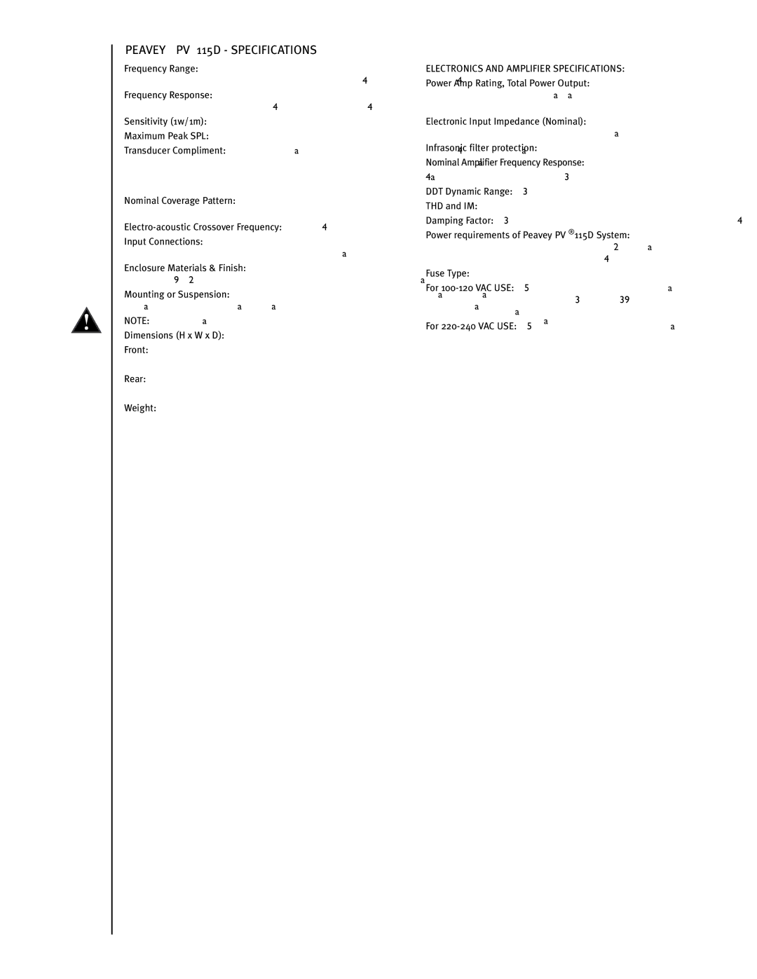 Peavey manual Peavey PV115D Specifications, Electro-acoustic Crossover Frequency 3 kHz 