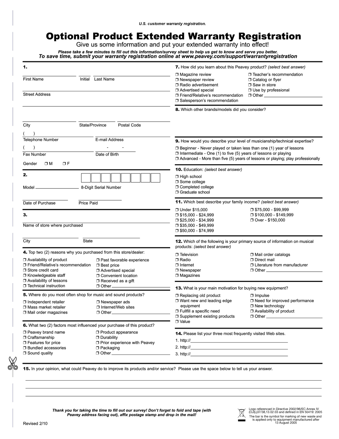 Peavey PV115D manual Customer warranty registration 