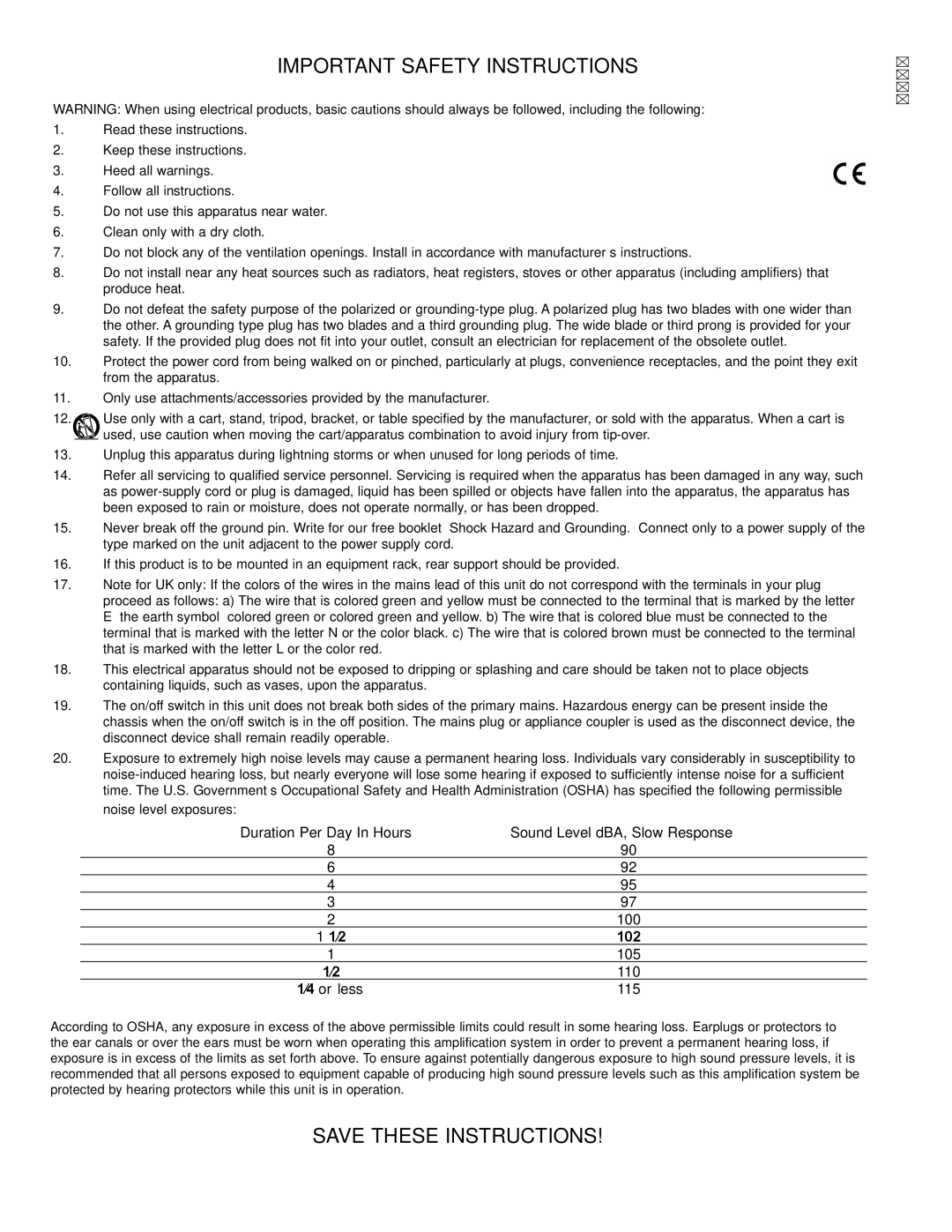 Peavey PV115D manual Important Safety Instructions, Duration Per Day In Hours Sound Level dBA, Slow Response, ⁄4 or less 