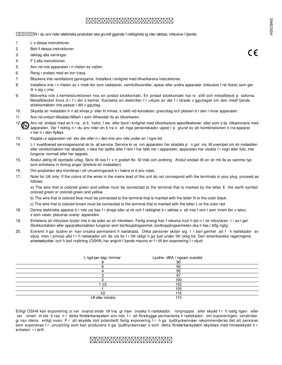 Peavey PV115D manual Spara Dessa Instruktioner, Viktiga Säkerhetsinstruktioner 