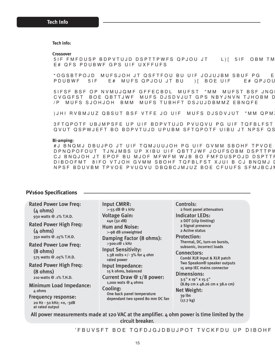 Peavey PV1600 manual Tech Info, Tech info Crossover 