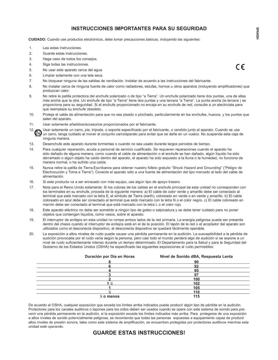 Peavey PV20, PV 14, PV 10 manual Instrucciones Importantes Para SU Seguridad, Nivel de Sonido dBA, Respuesta Lenta 