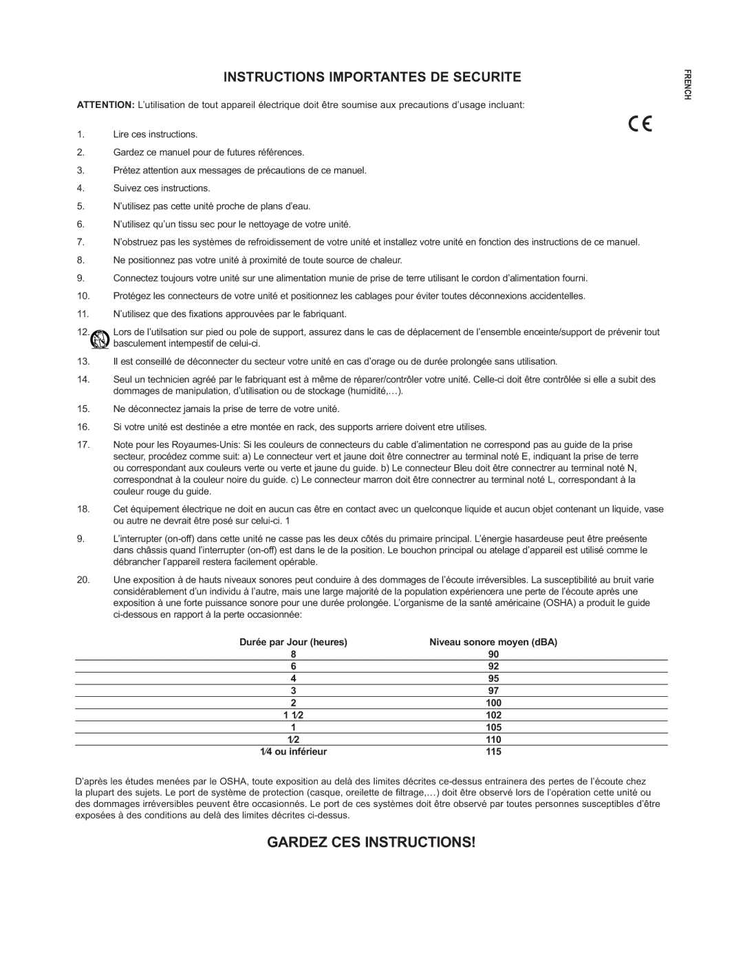 Peavey PV 14, PV20, PV 10 manual Instructions Importantes DE Securite, ⁄4 ou inférieur 