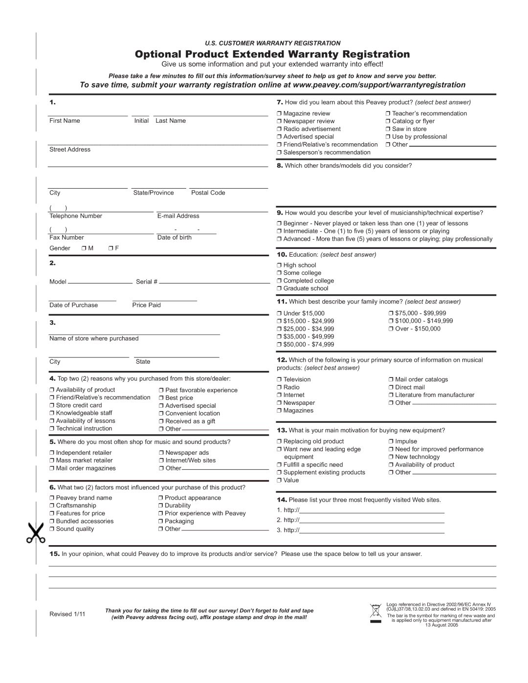 Peavey PV 14, PV20, PV 10 manual Optional Product Extended Warranty Registration 