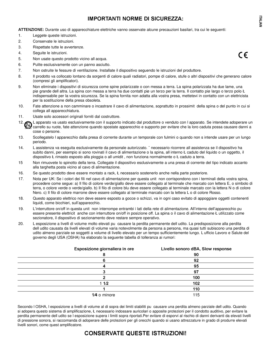 Peavey PV215D manual Conservate Queste Istruzioni, Importanti Norme DI Sicurezza, ⁄4 o minore 115 