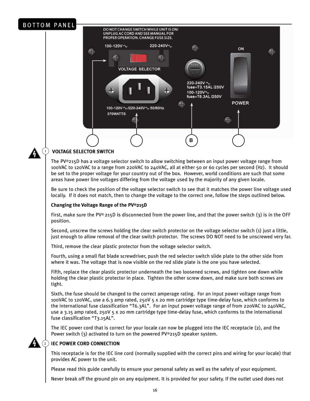 Peavey manual Voltage Selector Switch, Changing the Voltage Range of the PV215D, IEC Power Cord Connection 