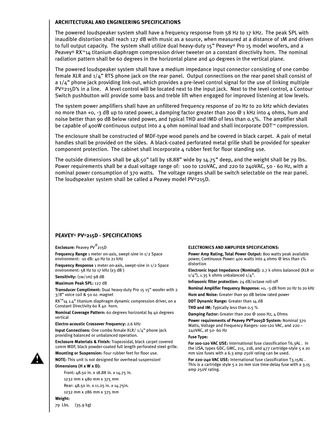 Peavey manual Architectural and Engineering Specifications, Peavey PV215D Specifications 