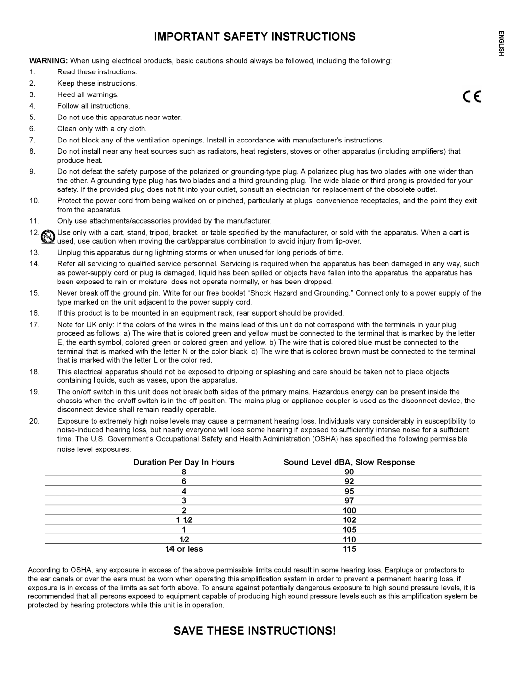 Peavey PV215D manual Important Safety Instructions, Duration Per Day In Hours Sound Level dBA, Slow Response, ⁄4 or less 